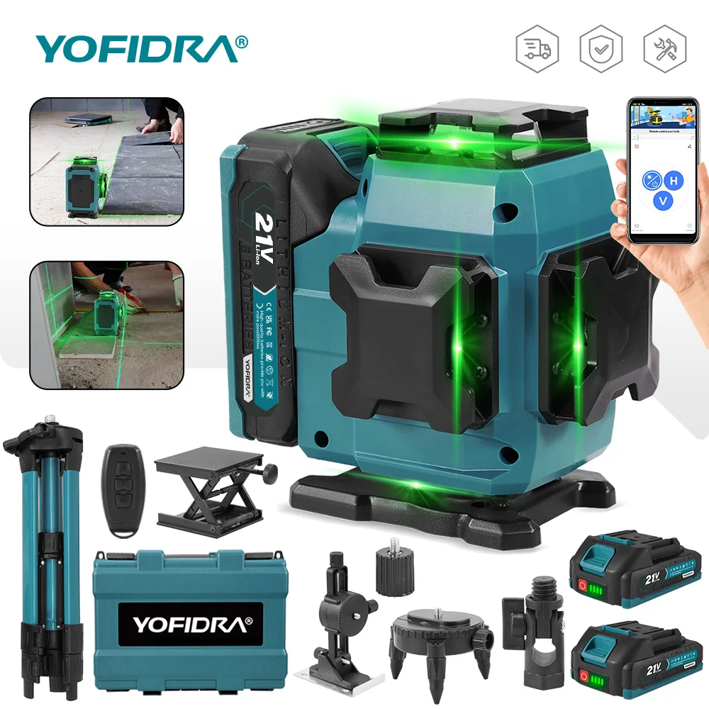 Niveau laser 4D YOFIDRA 16 lignes, faisceau vert ultra puissant 360° °   Niveaux laser horizontaux auto-nivelants pour batteries Makita