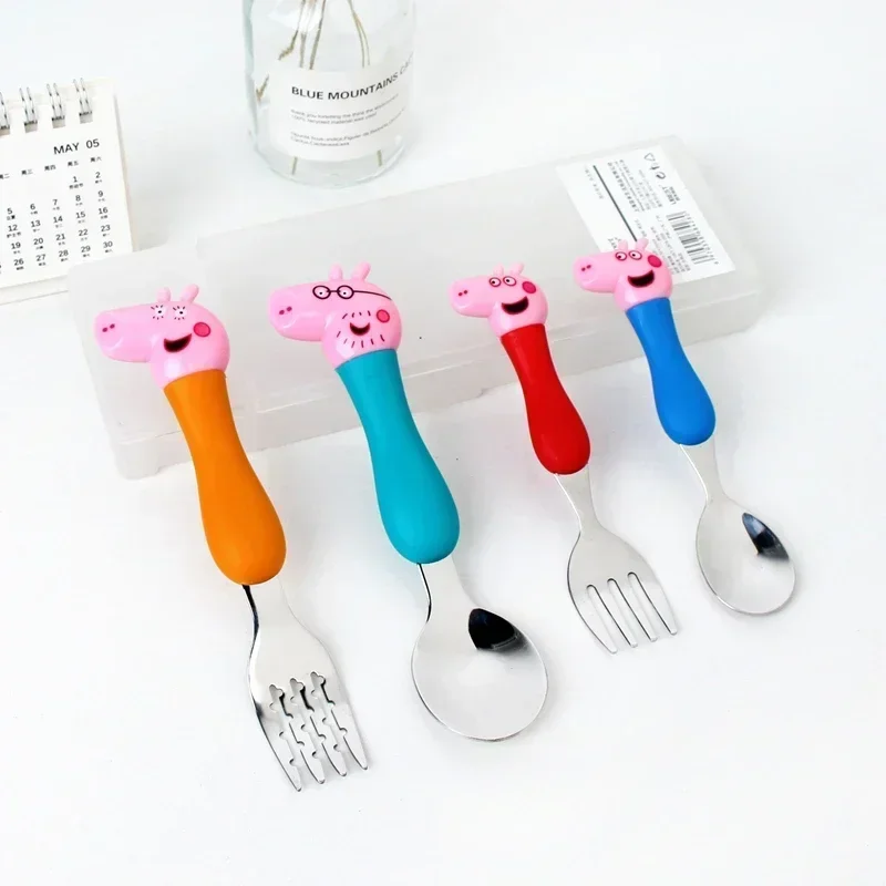 Peppa Pig Tableware Fork Spoon Action Doll Toy George Pig Dad Mom Cartoon Anime Figure Pattern Party Toy Gift for Boys and Girls