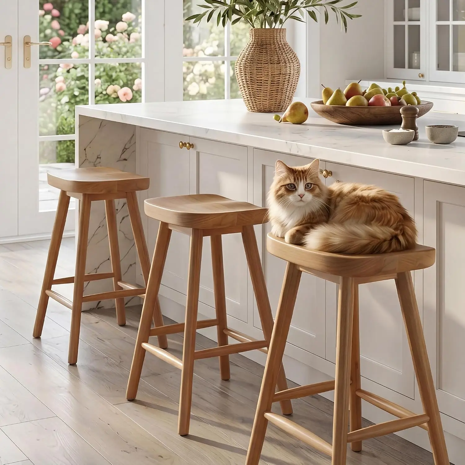 Backless Counter Stools Set of 3, 24in Modern Rustic Wooden Saddle Stool Ergonomic Seat Kitchen Island Brown, Customized