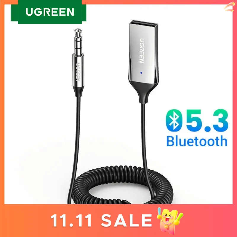 UGREEN adaptor mobil penerima Audio Bluetooth, adaptor USB mobil nirkabel ke colokan 3.5mm mikrofon Handsfree Bluetooth 5.3 untuk Aksesori Mobil