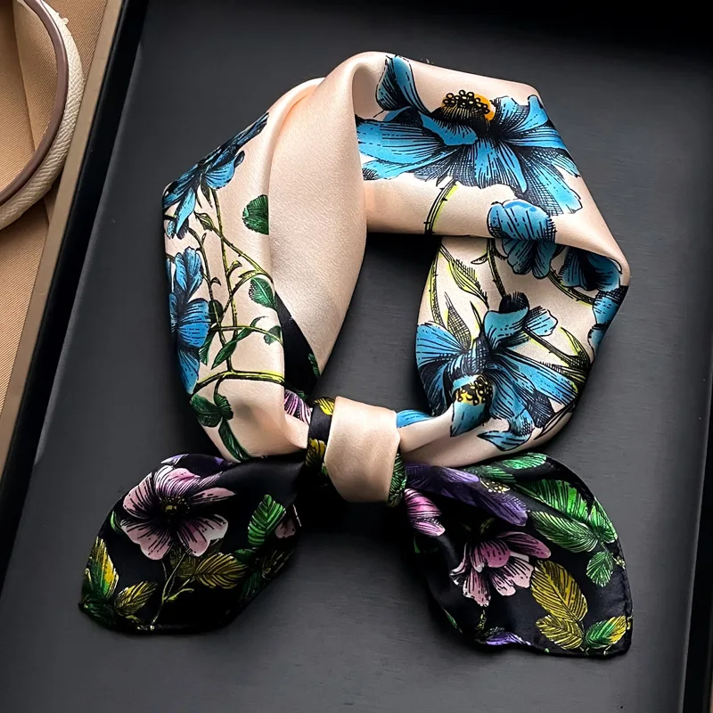 100% Pure Silk Scarf Women Neck Hair Band Foulard Square Small Headband 2024 Fashion Print Neckerchief Scarves Bandana 53*53cm