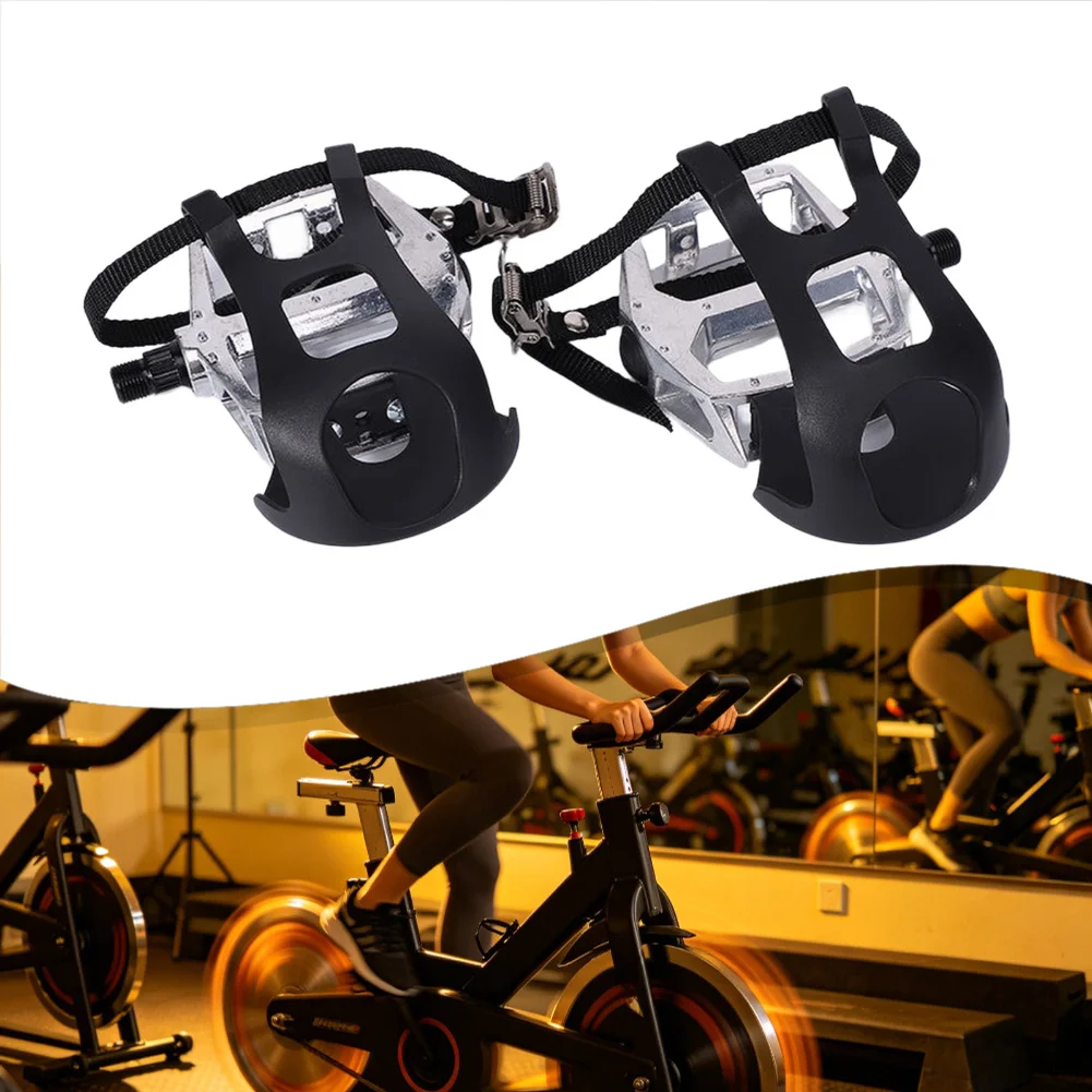

1 Pair Aluminum Alloy Exercise Bike Pedals With Straps 9/16 Inch Non-Slip Footboards For Indoor Cycling Fitness Equipment Silver
