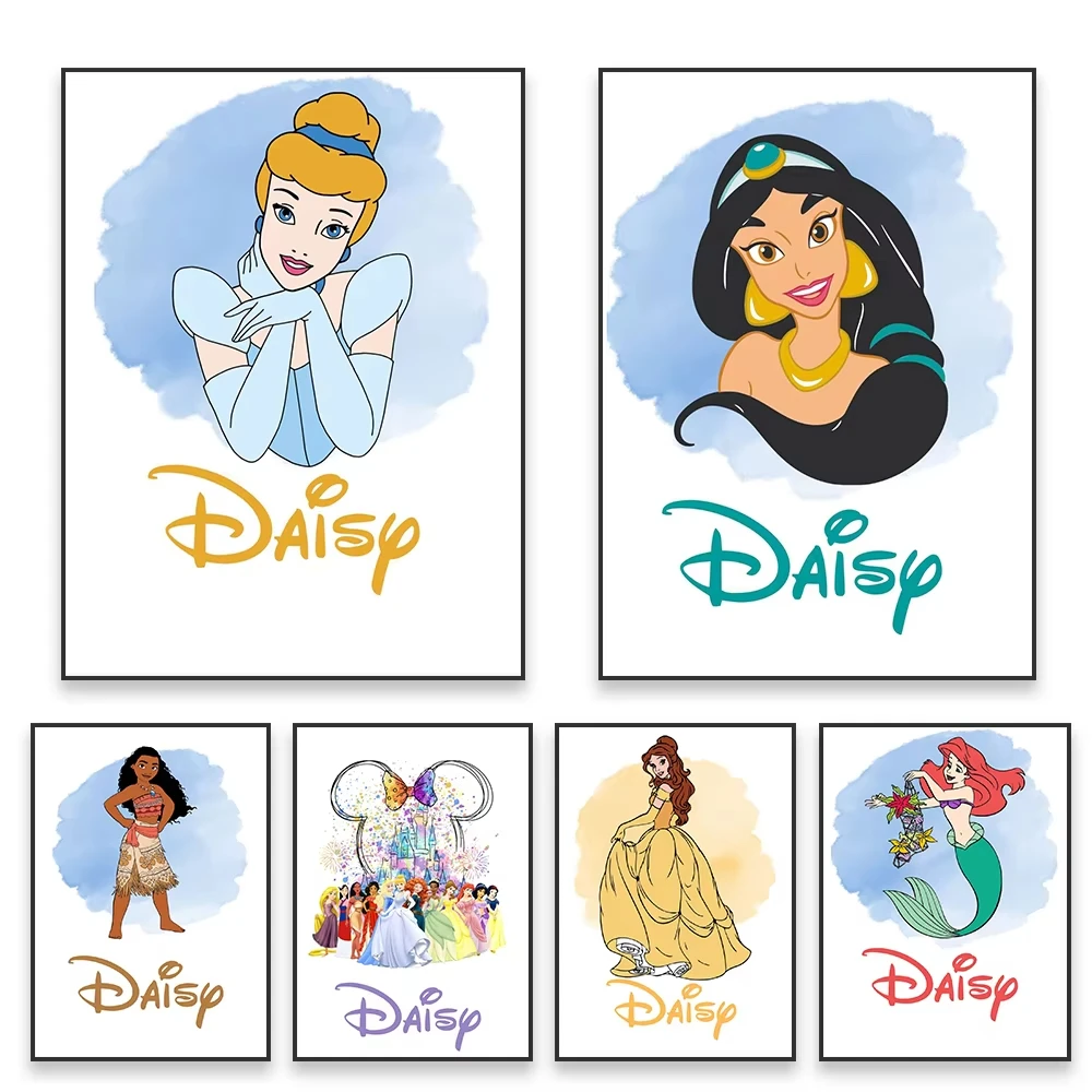 Póster personalizado con el nombre de las princesas de Disney, impresión artística de Pocahontas, lienzo de Cenicienta, pintura para decoración del hogar, dormitorio, sala de estar