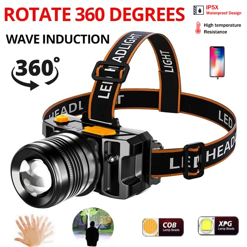 Super Bright USB Rechargeable Headlight with 5 Lighting Modes Head light Digital Electric Display for Outdoor Fishing Camping