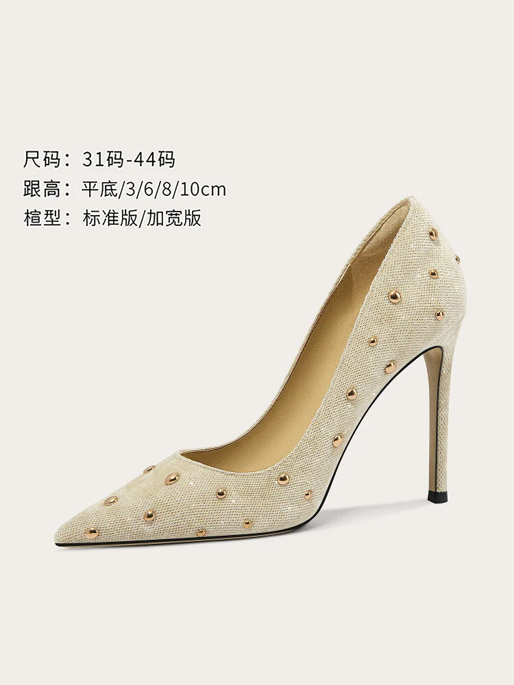 

Spring and autumn new pointed shallow rivet cloth flat shoes thin high-heeled banquet dress large size small size women's shoes