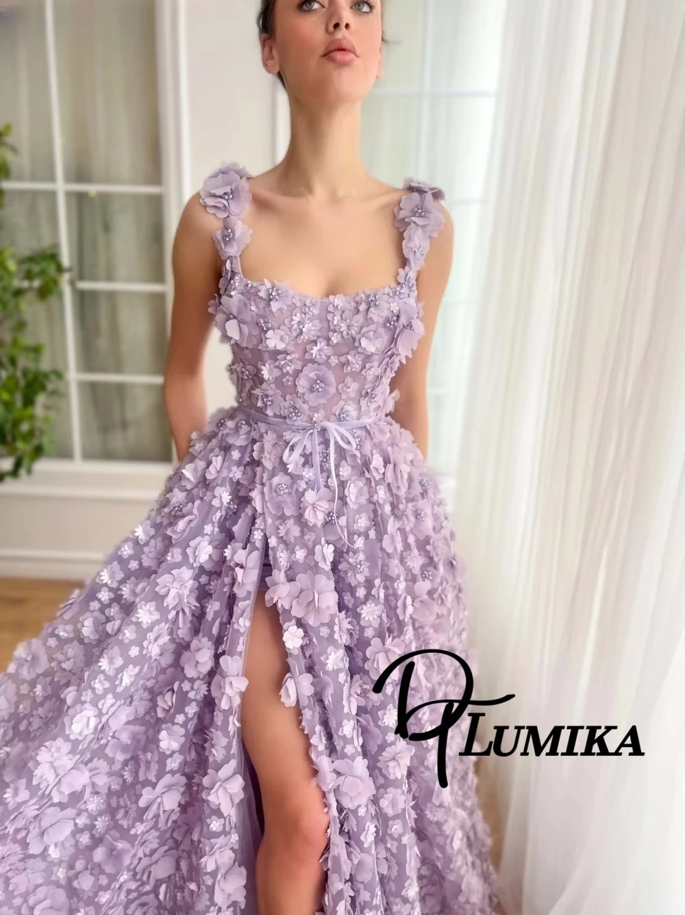 

Lavender Dreamy Princess Evening Dress Fashion 3D Flowers A-line Special Occasions Square Neck Customized Women Party Prom Gown