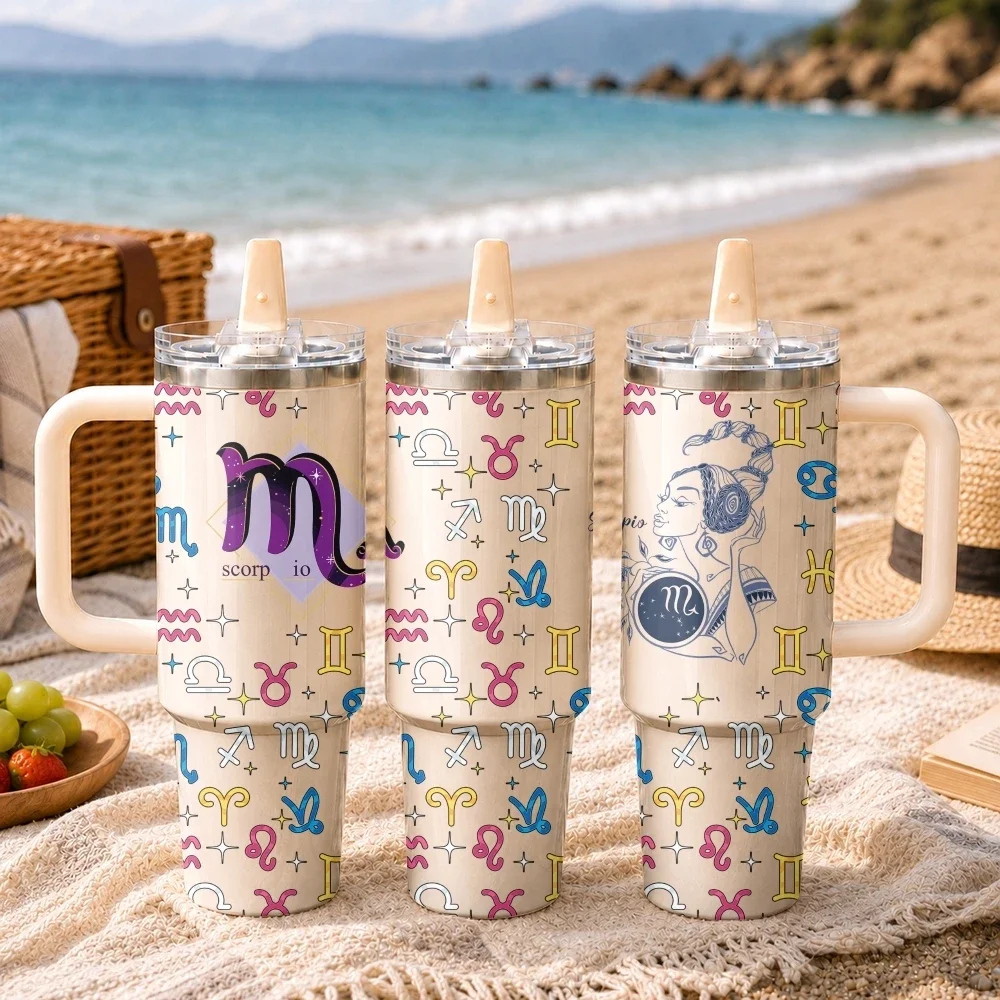 Twelve Zodiac Signs Vacuum Flasks 40oz Thermal Tumbler with Handle Stainless Steel Vacuum Insulated Leak Proof Travel Mug