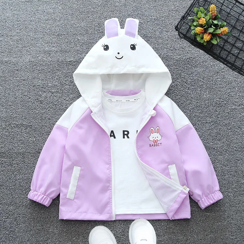 Strawberry Rabbit Baby Girls Jacket Cute Cartoon Windproof Outerwear Hooded Zipper Girls Coat 1 2 3 4 5 6 Years New Kids Clothes