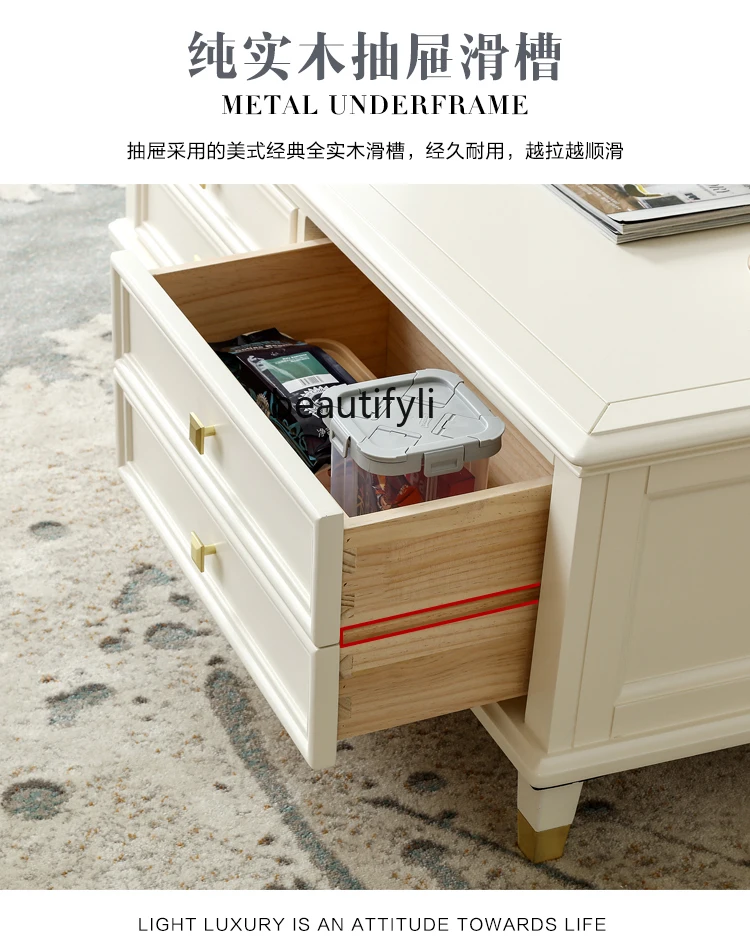 Luxury Solid Wood Living Room White Coffee Table TV Cabinet Combination So Easy So Beauty Storage Six-Drawer Coffee Tea Table