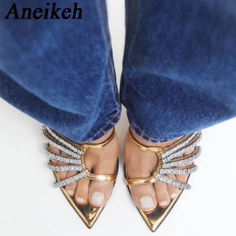 Aneikeh 2024 Summer Modern Sandals Gold Rhinestone Pointed Classics High Heel Sandals Mules Sizes 35-42 Casual Banquet Shoes