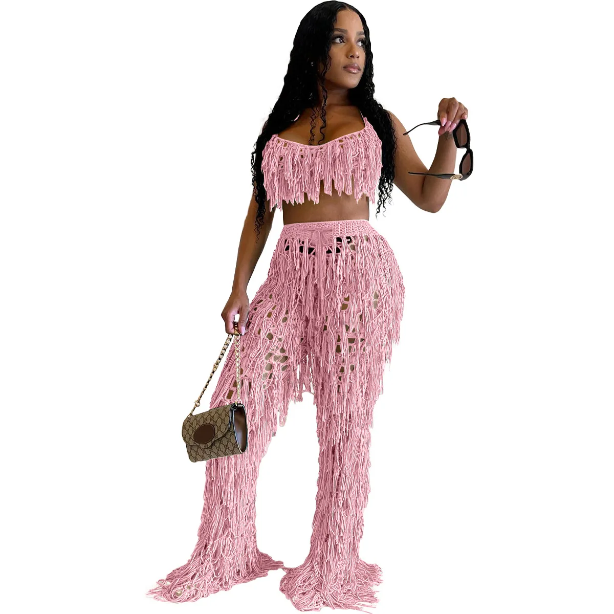 Women's 2023 Summer Halter Neck Halter Top + Wide-leg Loose Trousers Knitted Tassel Sexy Two-piece Vacation Beach Suit