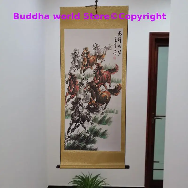 Southeast Asia Home office company WALL TOP Decorative art Auspicious GOOD Luck Success 8 Horses FENG SHUI ART silk painting