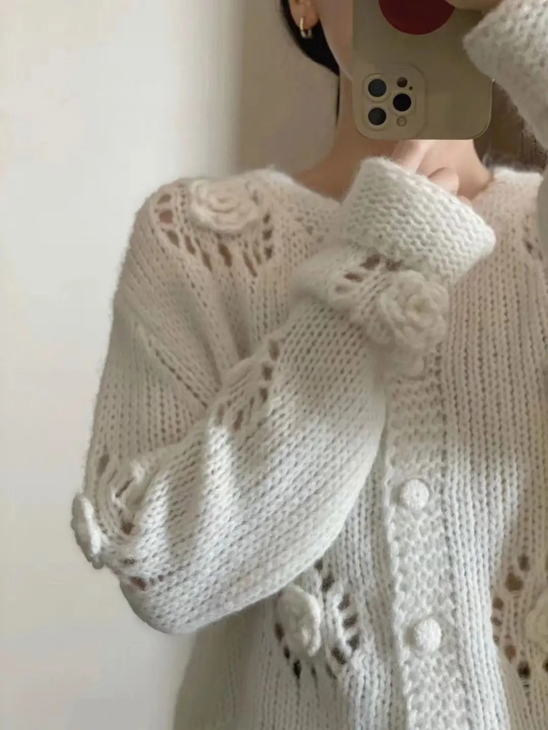 Autumn Womens Handmade Crochet Hollowed Out Knitted Cardigan Sweater Coat