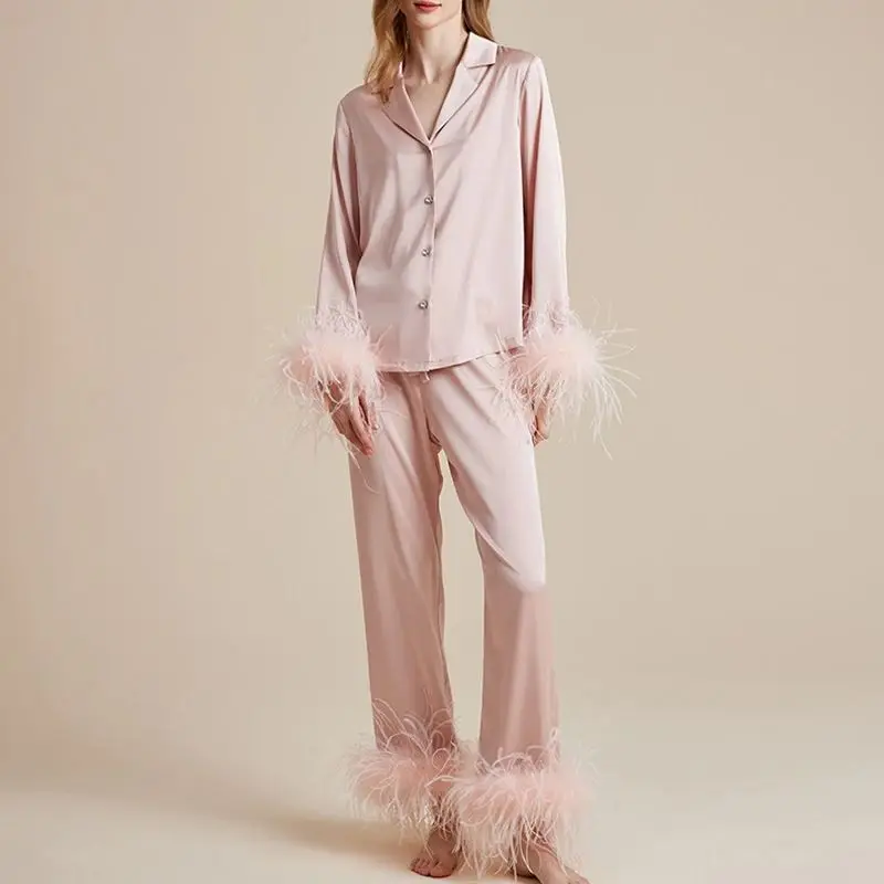 Women Big Feather Pajamas Sets Spring Summer Lady Natural Ostrich Feather Cuffs Suit