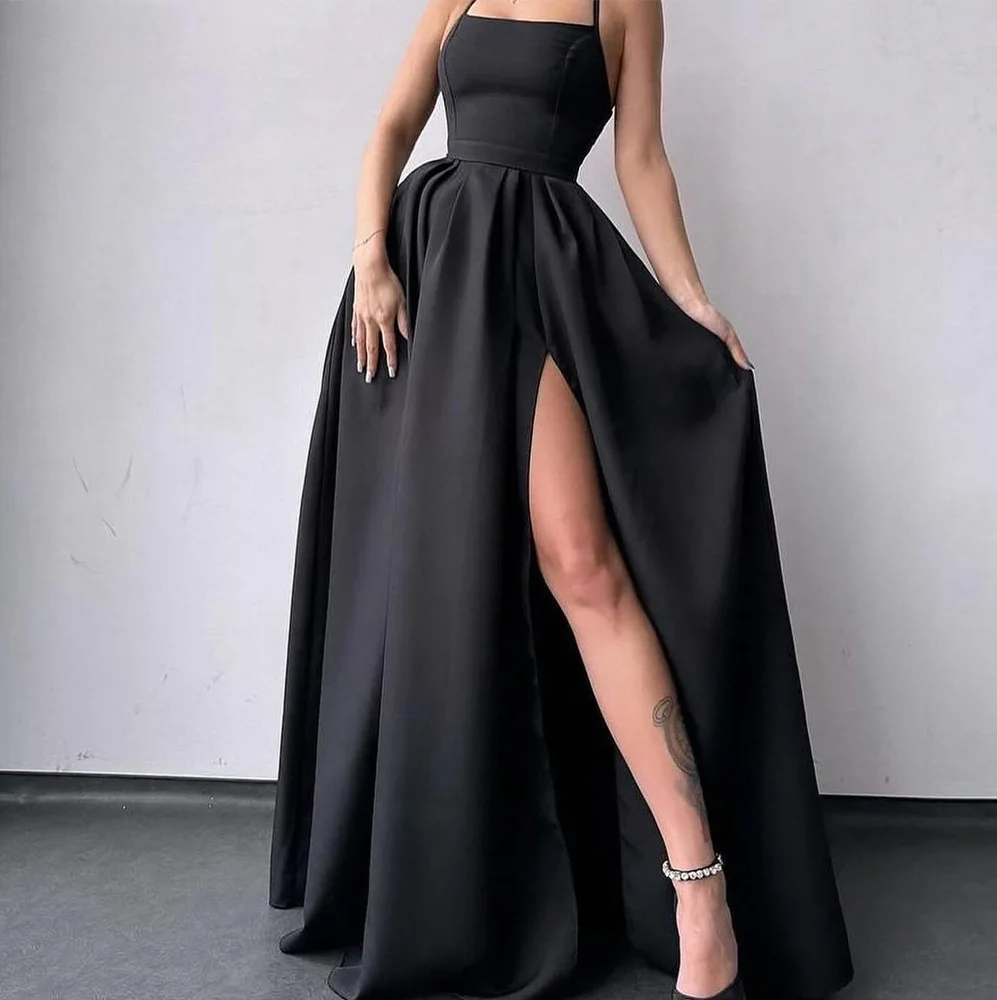 A-Line Halter Front Slit Satin Sleeveless Classic and Temperament Evening Dresses Pleats Backless Open Back Saudi Arabia 2024