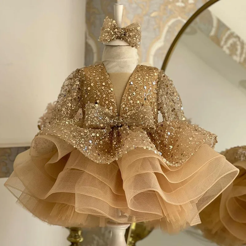 2025 Girls Sequin Tutu Dress Long Sleeved Sparkling Performance Dress for Piano Catwalk Party Wholesale Kids Dresses for Girls
