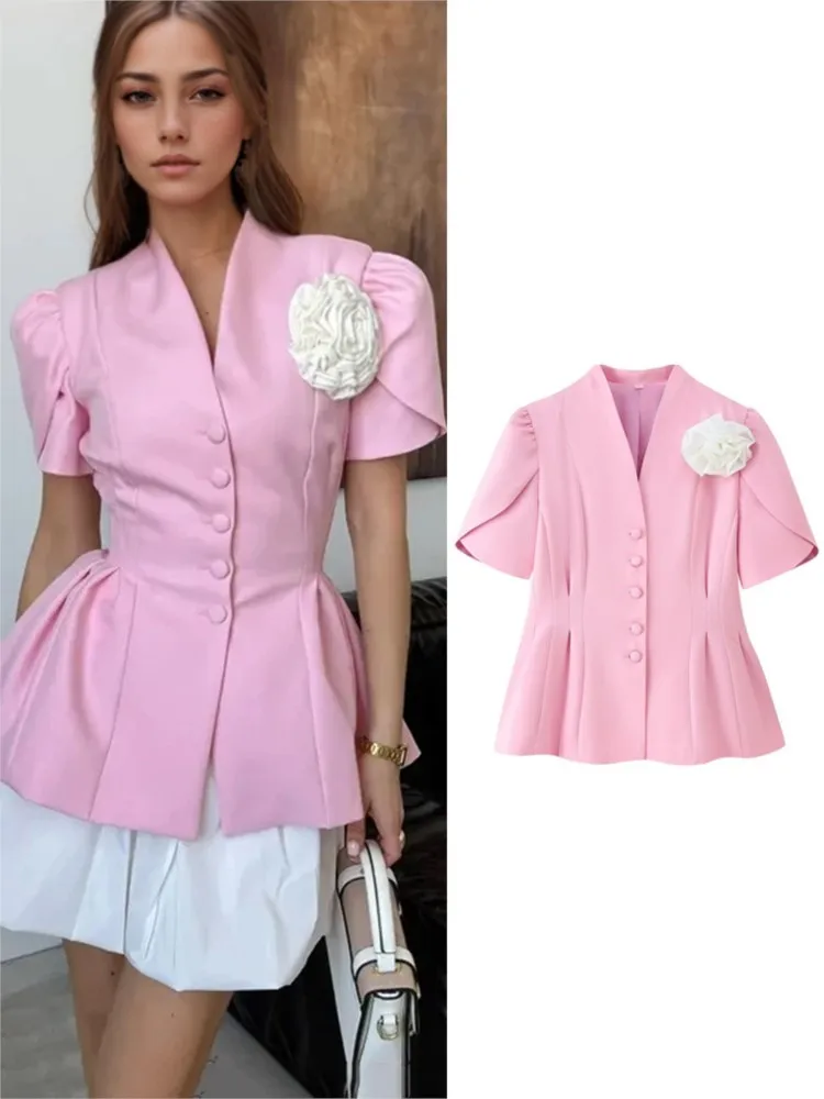 

Elegant 3d Flower Decorate Blazer Jacket Women Pink Pleated Slim Suit Tops Single Breasted Short Sleeve Blazer Office 2025 New