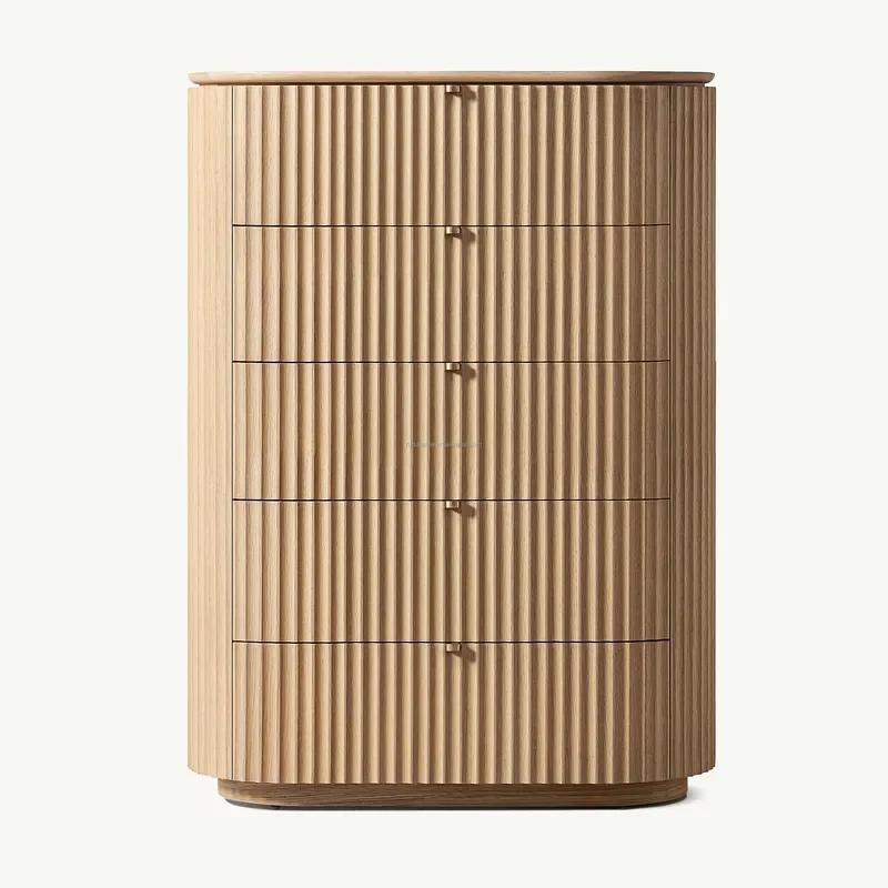 Modern Oak Wood Dresser 5 Drawer High Cabinet Storage Unit with Grooved Design Integrated Handle Japanese Style Furniture for