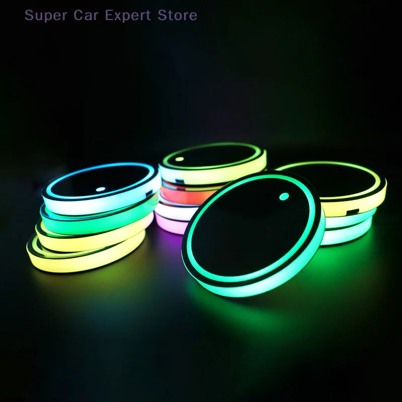 1 Juego de alfombrillas de luz LED, Sensor de luz de botella, accesorios interiores de ambiente, posavasos universales de 7 colores para coche, portavasos
