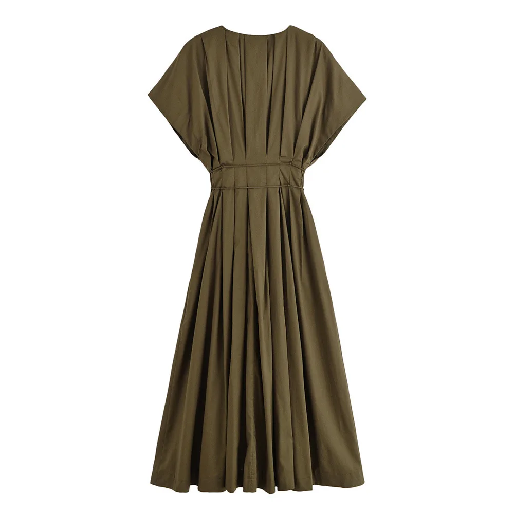 

Vintage Casual Women Midi Dress Summer V-Neck Lace-up Draped Pleated High Waist Fashion Robes 2025 Office Lady Commute Street