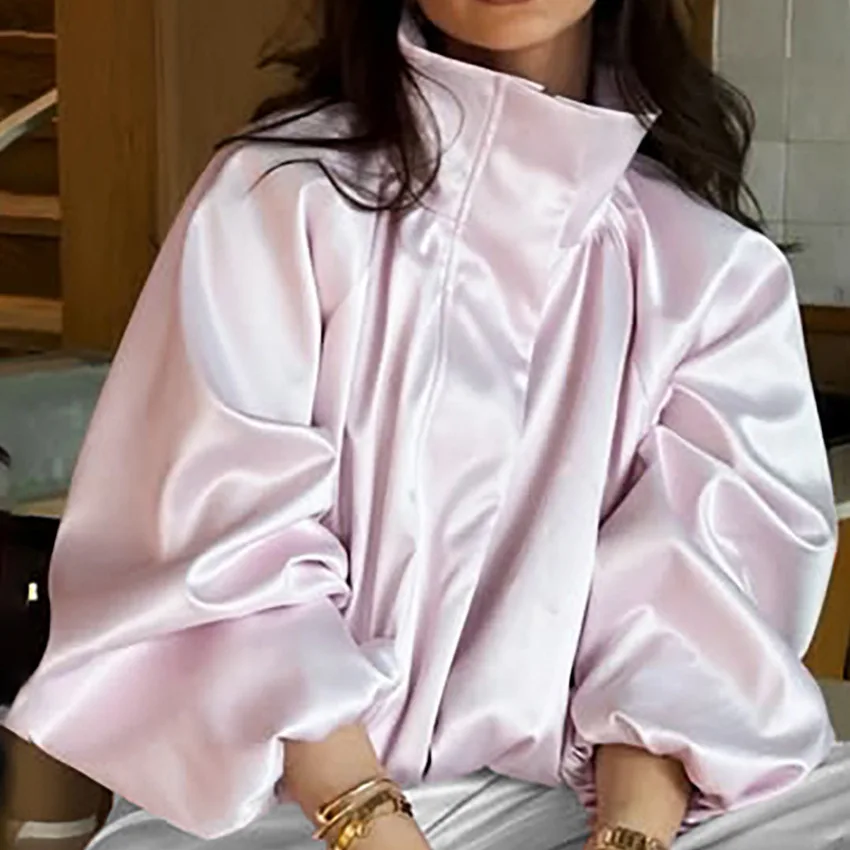 Elegant Pink Satin Stand Collar Zipper Jackets 2026 Street Chic Slim Single Breasted Coats Casual Long Sleeve Outerwear