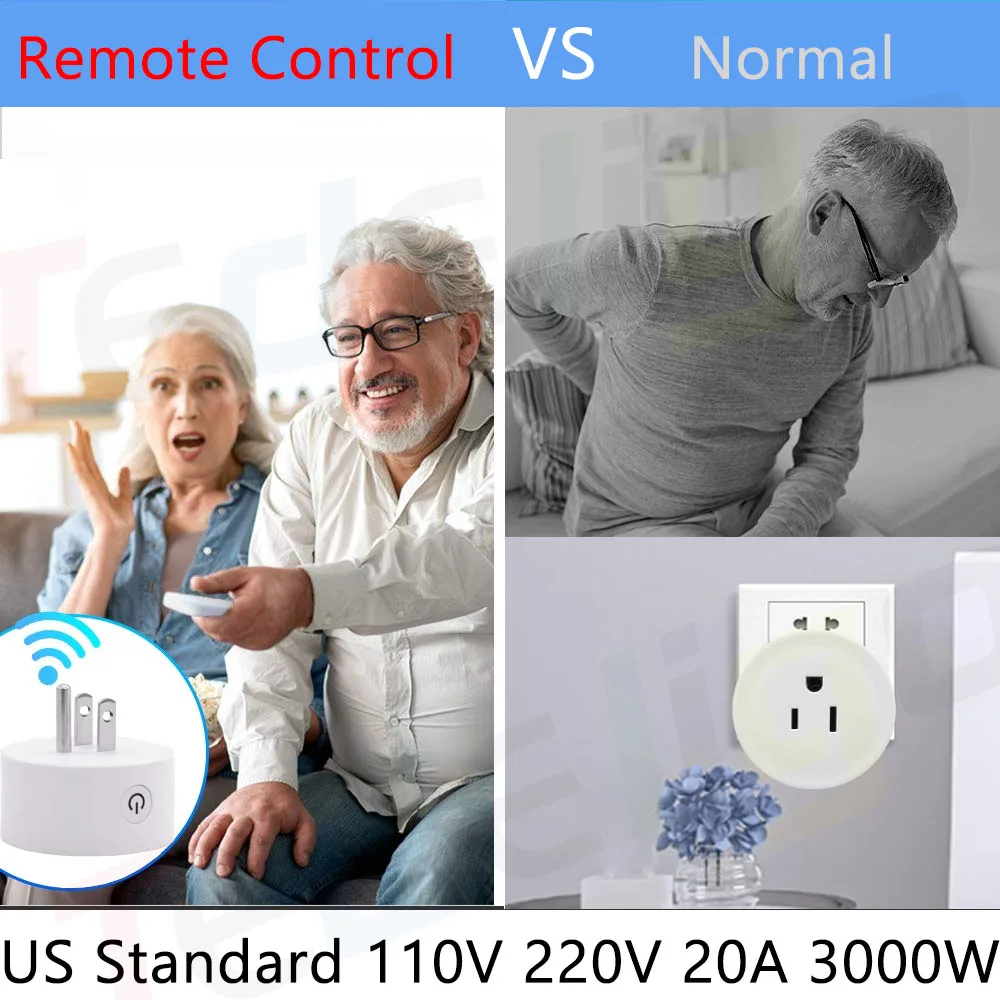 Tedeligo RF 433MHz Wireless Remote Control Plug Socket Switch 110V 120V 220V 20A 3000W US Standard,for Home LED Light Fan Lamp