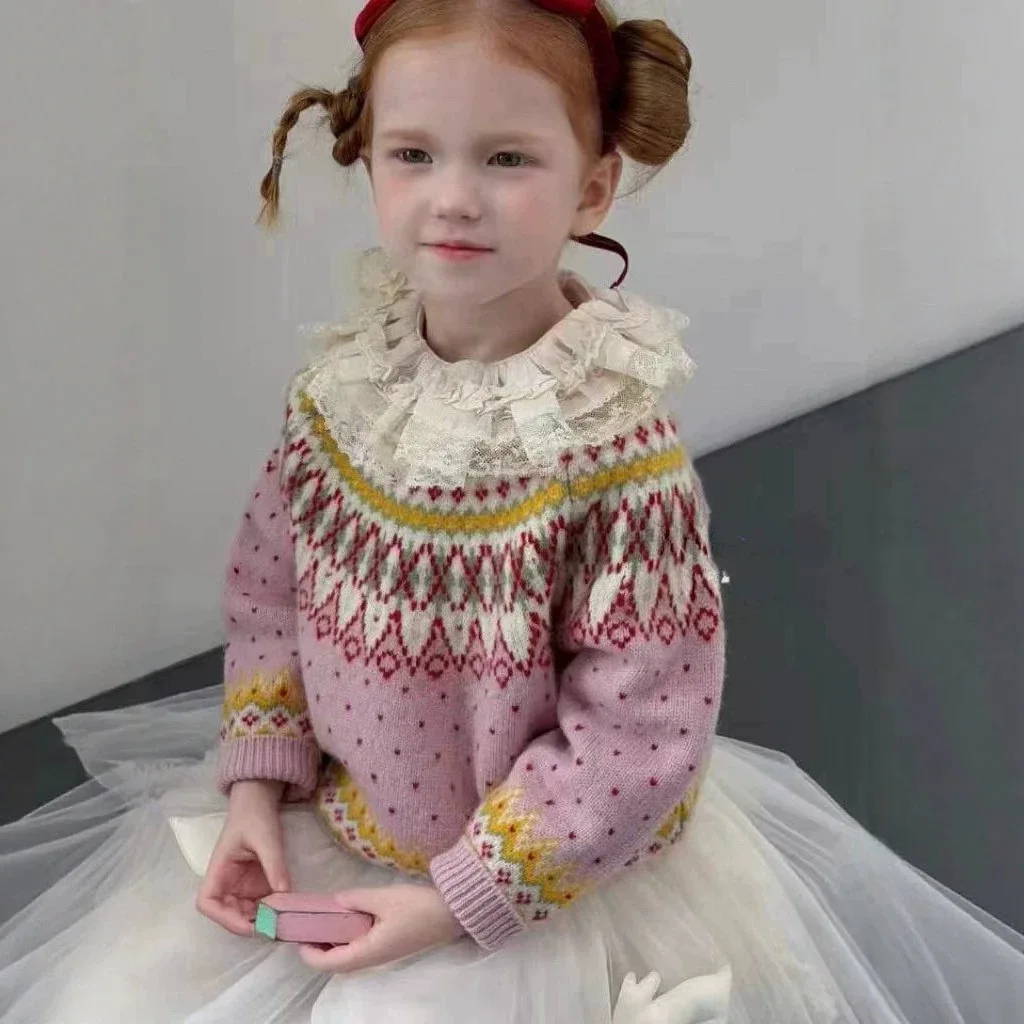 Girls Sweater Fall Winter 2026 New Baby Girl Fair Colorful Jacquard Top Fall Winter Warm Kids Knitwear Trendy