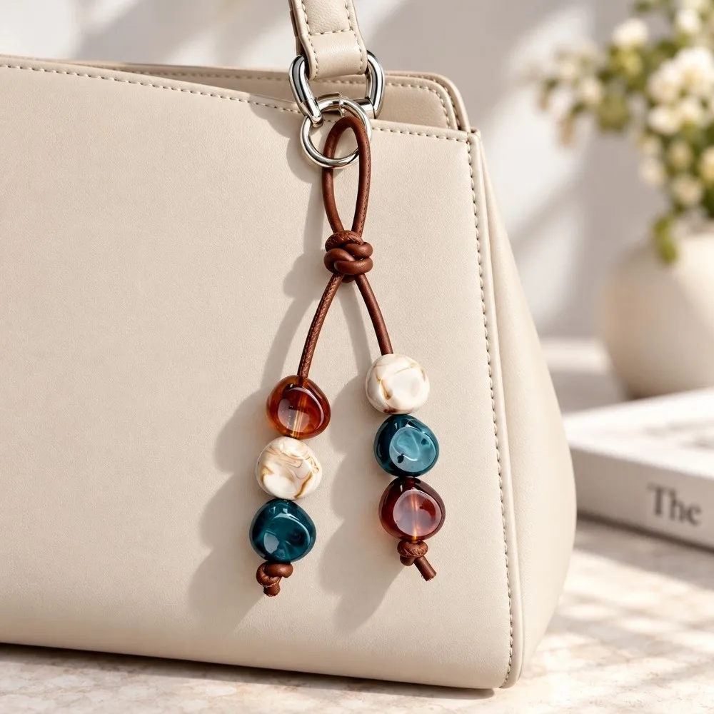 Cute Boho Beaded Keychain Bohemia Braided Pu Leather Lucky Keyring Portable Braided Cord Handbag Charm for Women Girls