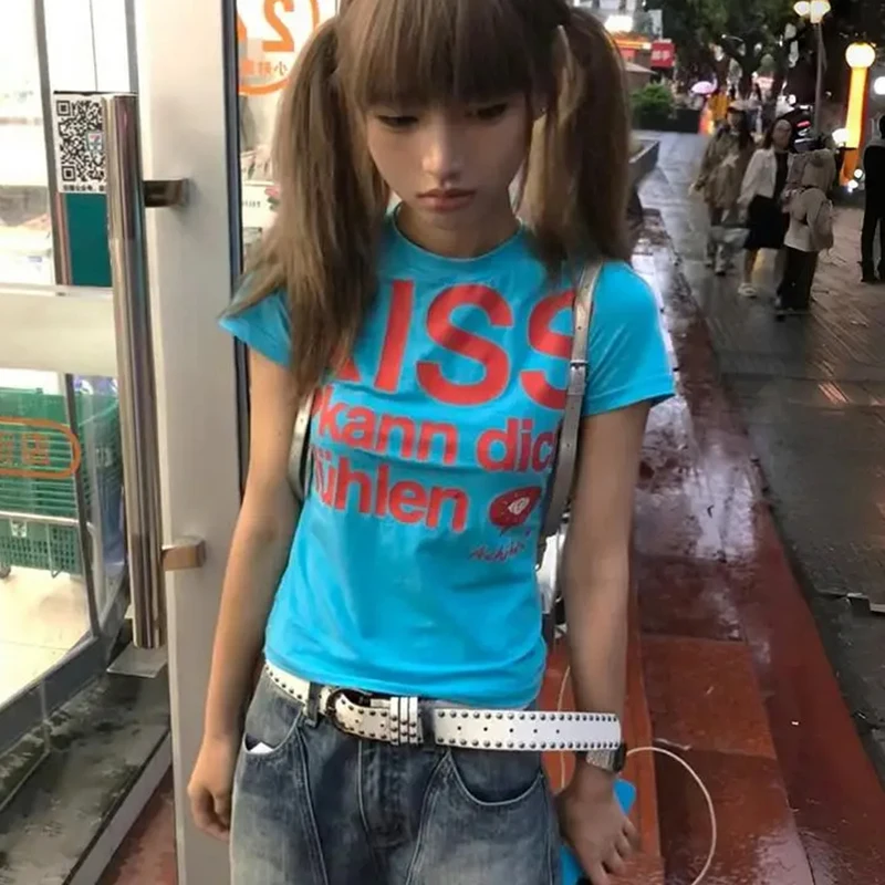 

Japanese Y2K Letter Print T-Shirt Trashy 2000S Style Crop Tee Vintage Harajuku Short Sleeve Top Shirt American Retro 90S