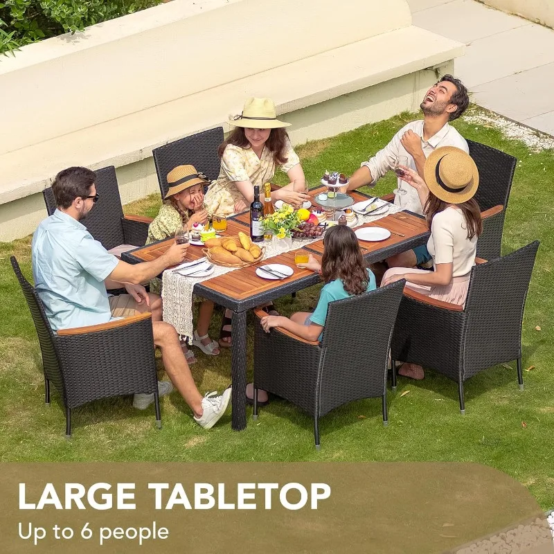 7 PCS Furniture, Patio Conversation Set with Acacia Wood Table Top, Rattan Outdoor,