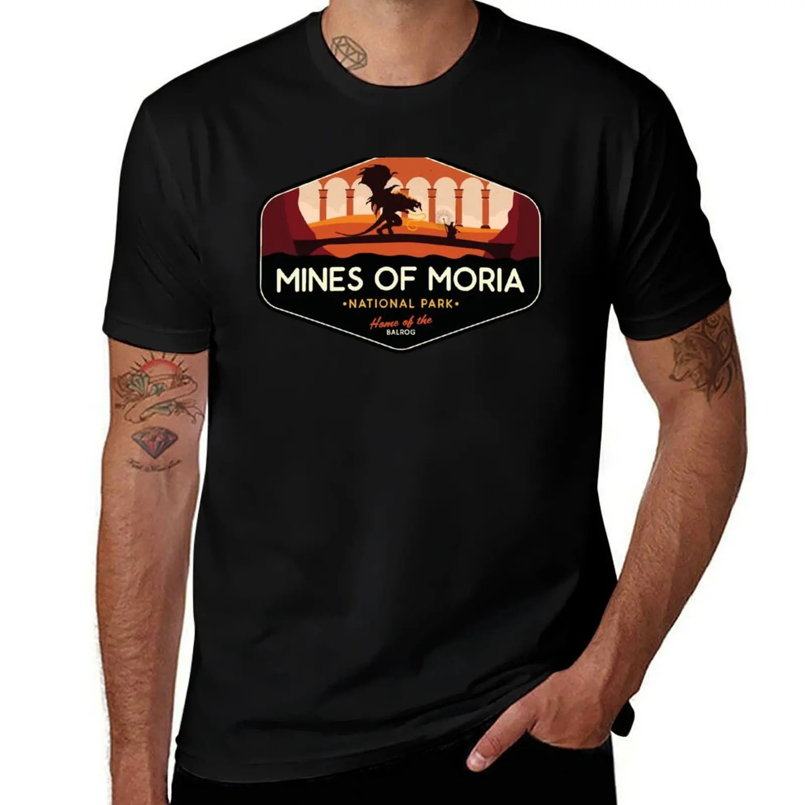 Moria National Park - Home of the Balrog! T-Shirt Big and Tall Crew Neck Tee T-Shirt
