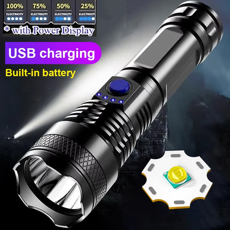 

High Power LED Flashlight USB Rechargeable 3 Modes Outdoor Tactical Hunting Police Lantern Waterproof Torch Self Defense Camping