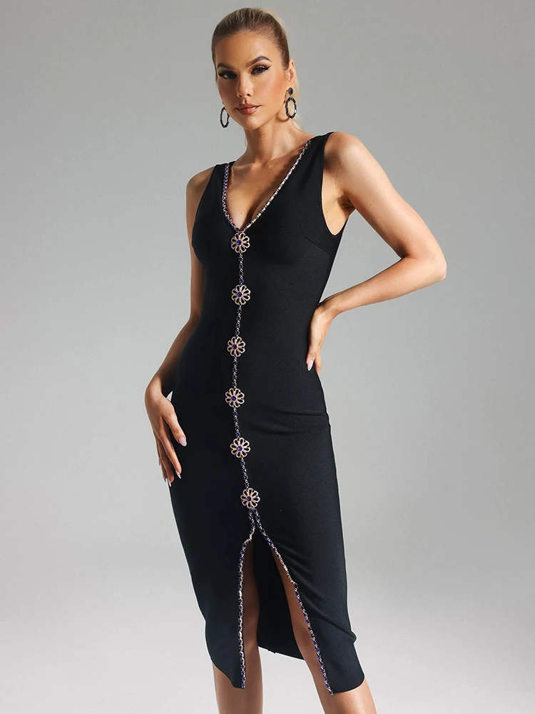 PB Hotsale New Women Sexy Crystal Diamonds Black Sleeveless V-Neck Midi Dress High Street Knitted Party Cocktail Bandage Dress