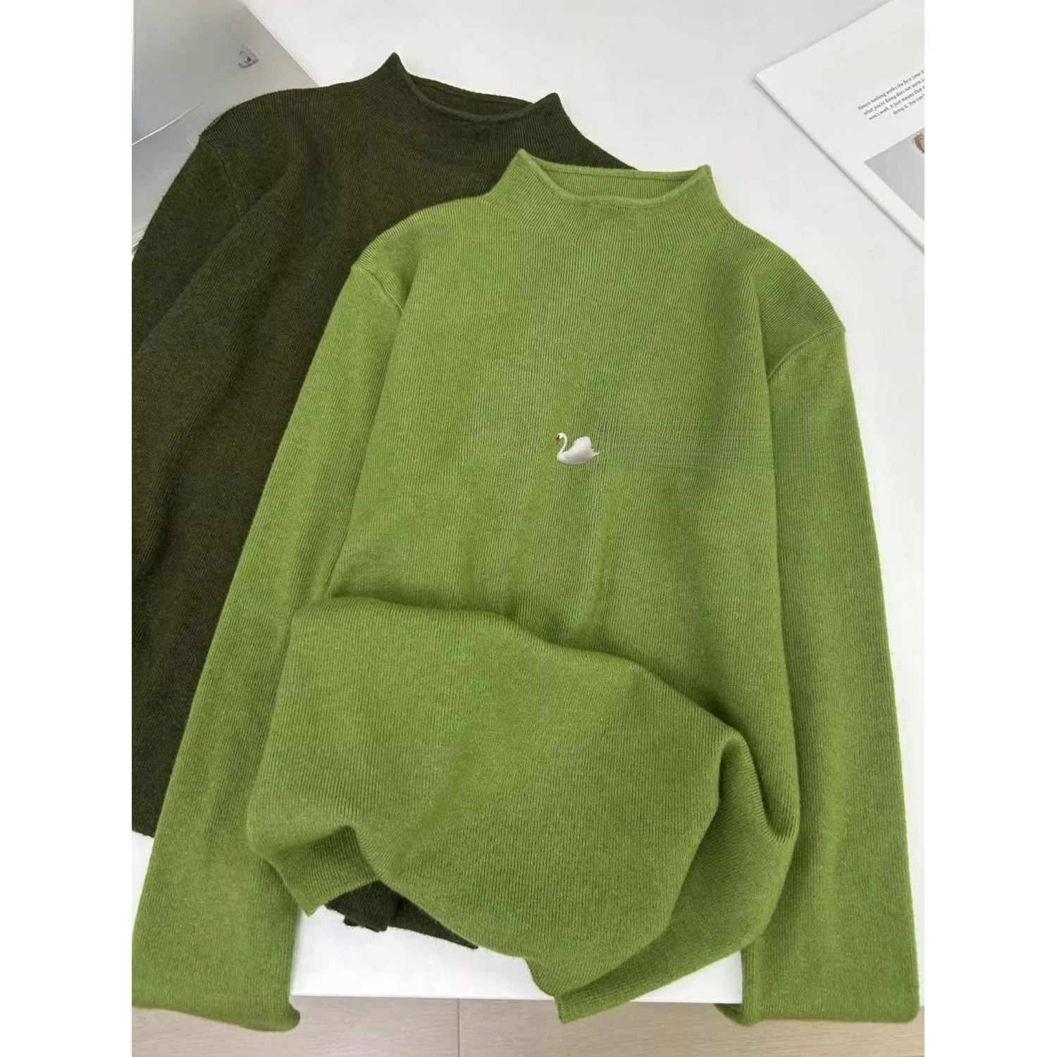 Unique Beautiful Soft Autumn Winter Green  Knitted Long Sleeve Half High Collar Women's Base Shirt Inner Wear Top