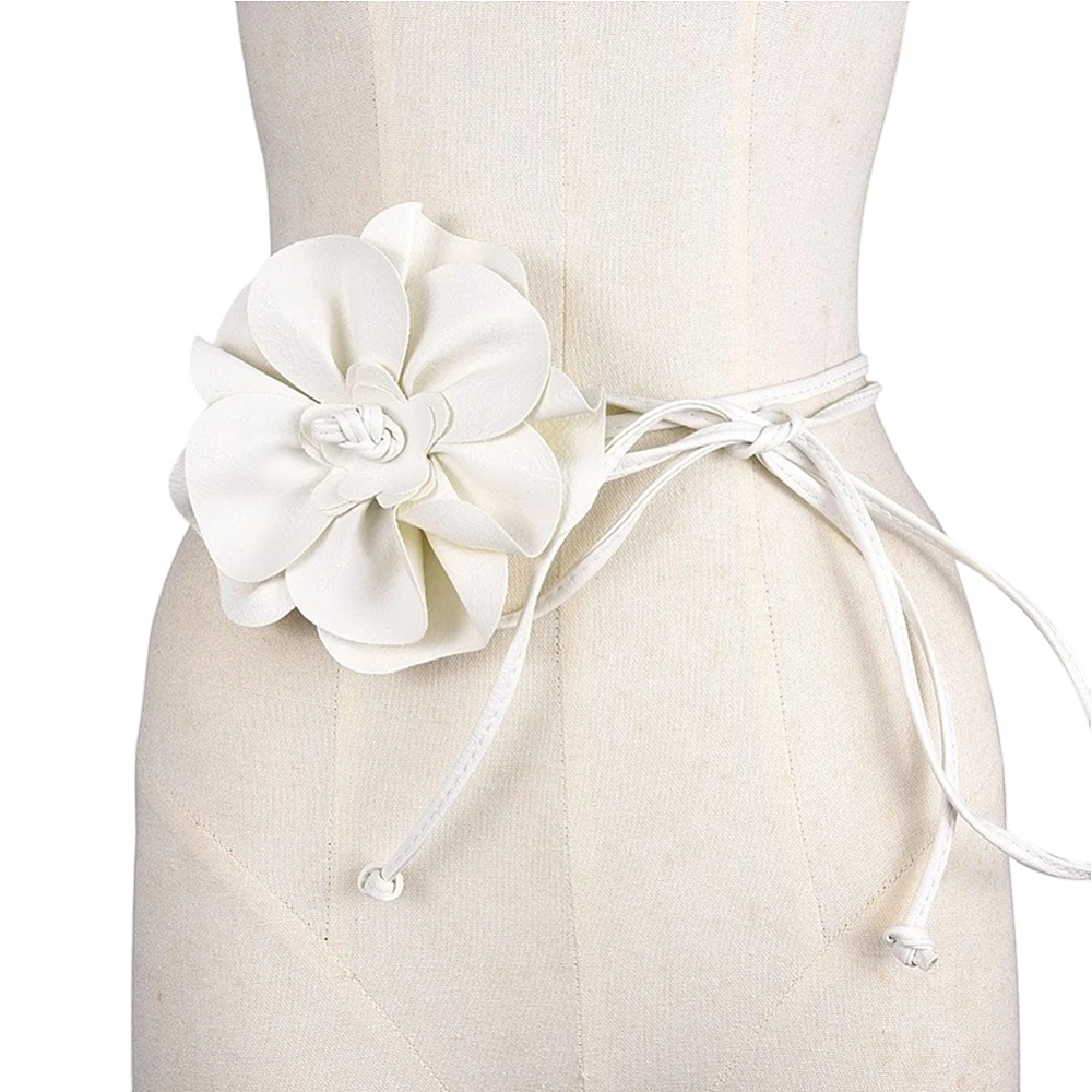 White Boho PU Leather Flower Waist Band 0.3 Inch Skinny Waistband Leather Rope Tassel Thin Elegantes Big Flower Decor Belts Slim