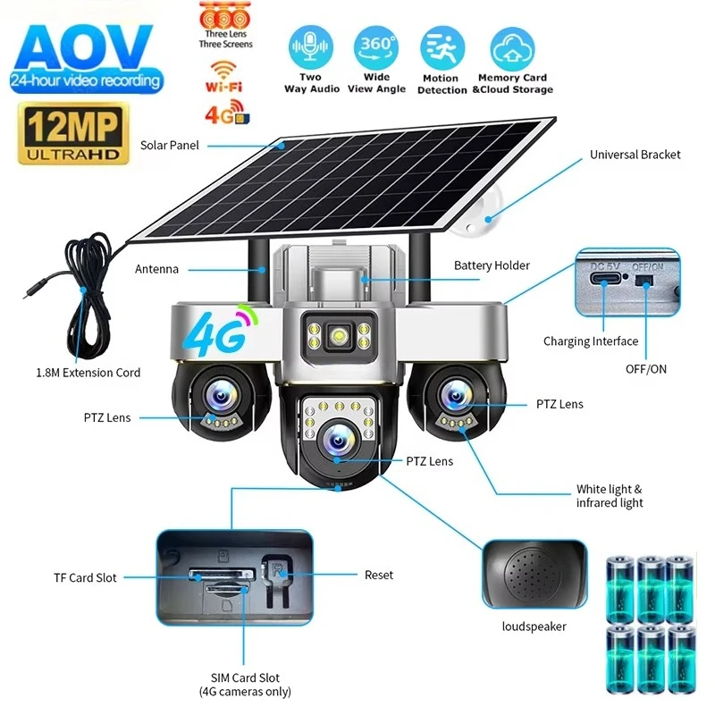 12MP Camera Outdoor PTZ Two-way Audio AOV Full Color Solar Camera Outdoor Night Vision 3lens 3ptz Cctv Camera