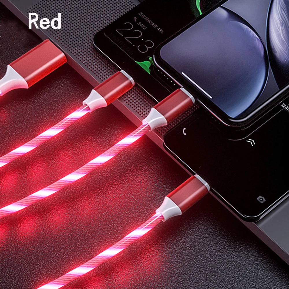 كابل شحن متعدد USB عالمي متدفق LED مضيء للهاتف ، واجهة لتفاح ، نوع C ، USB صغير ، موصل شاحن ، 3 في 1