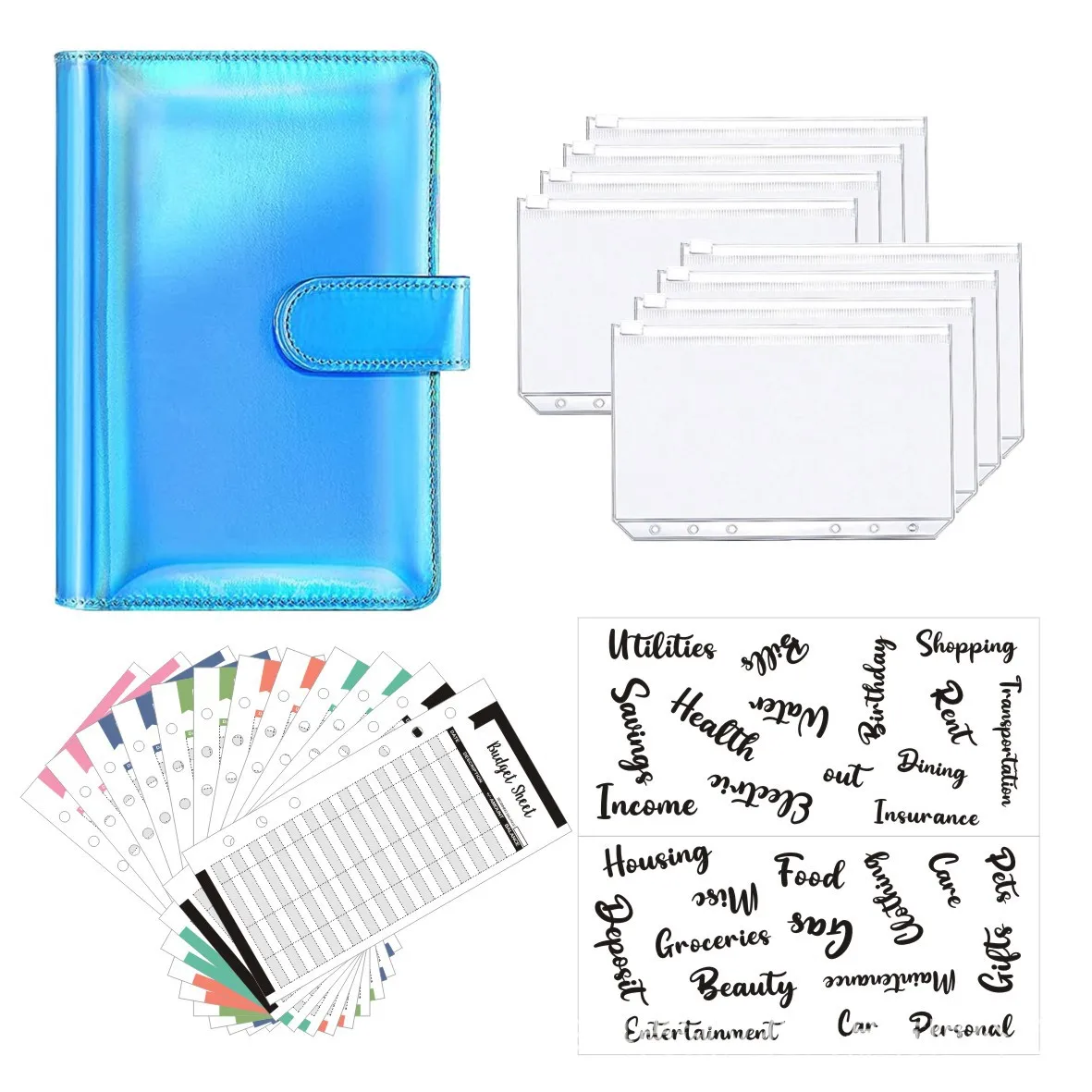 A6 Budget Binder, Money Saving Binder with Zipper Envelopes, Cash Envelopes and Expense Budget Sheets for Budgeting