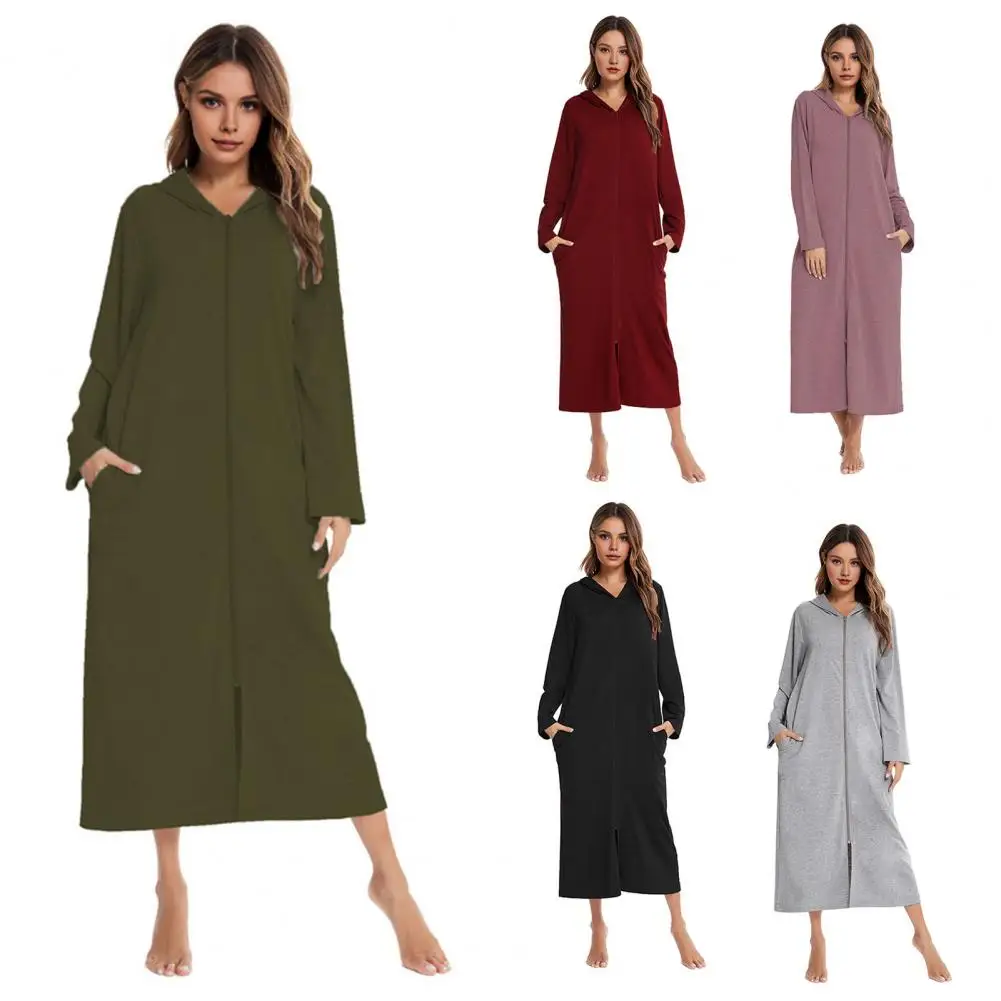 Winter Sleepwear For Women 2025 Loose Long Sleeve Zip-up Nightgown Pure Color Mid-calf Length Hooded Loungewear With Pockets