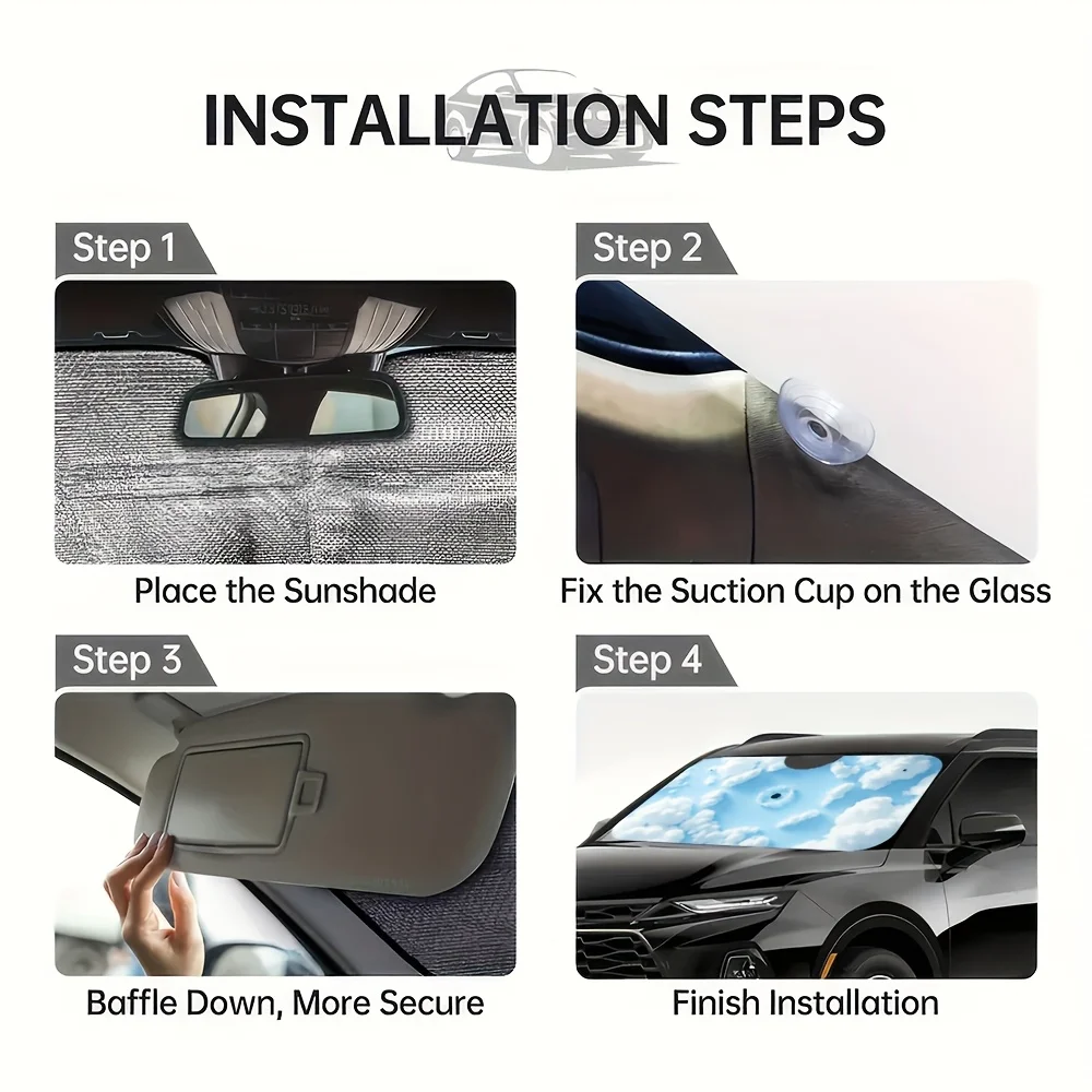 1 قطعة، حماية من الأشعة فوق البنفسجية قابلة للطي السماء الزرقاء والسحب البيضاء ظلة الزجاج الأمامي قناع حامي 4 أكواب شفط سهلة التركيب السيارات #6