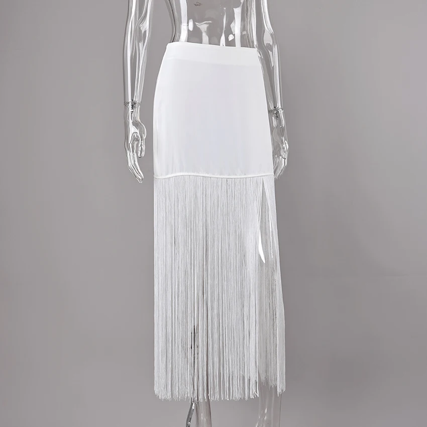 Linad Street Chic White Satin Tassels Long Skirts Woman 2026 Elegant High Waist Straight Skirts Casual Slim Ankle Length Skirt