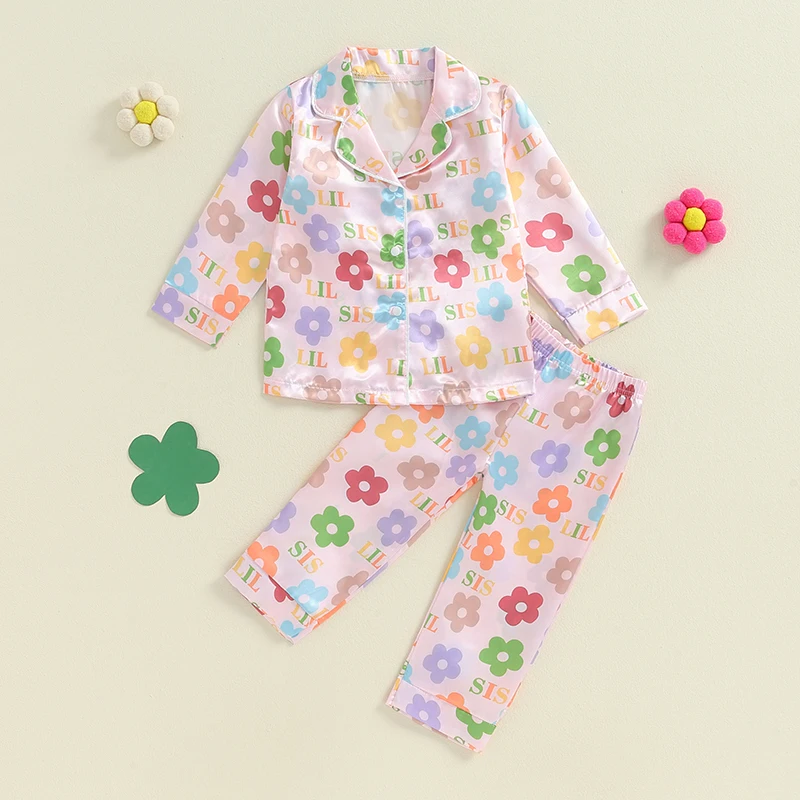 Kid Clothes Girls Satin Pajama Set Flower Print Long Sleeve Button Down Tops Pants Set Children\'s Clothing