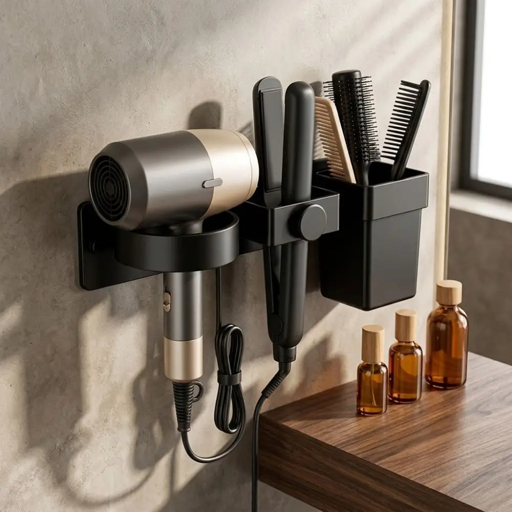 Multi-Slot Wall Mount Hair Dryer Holder Plastic Detachable Cup Curling Iron Storage Rack Moisture Resistant Large Capacity