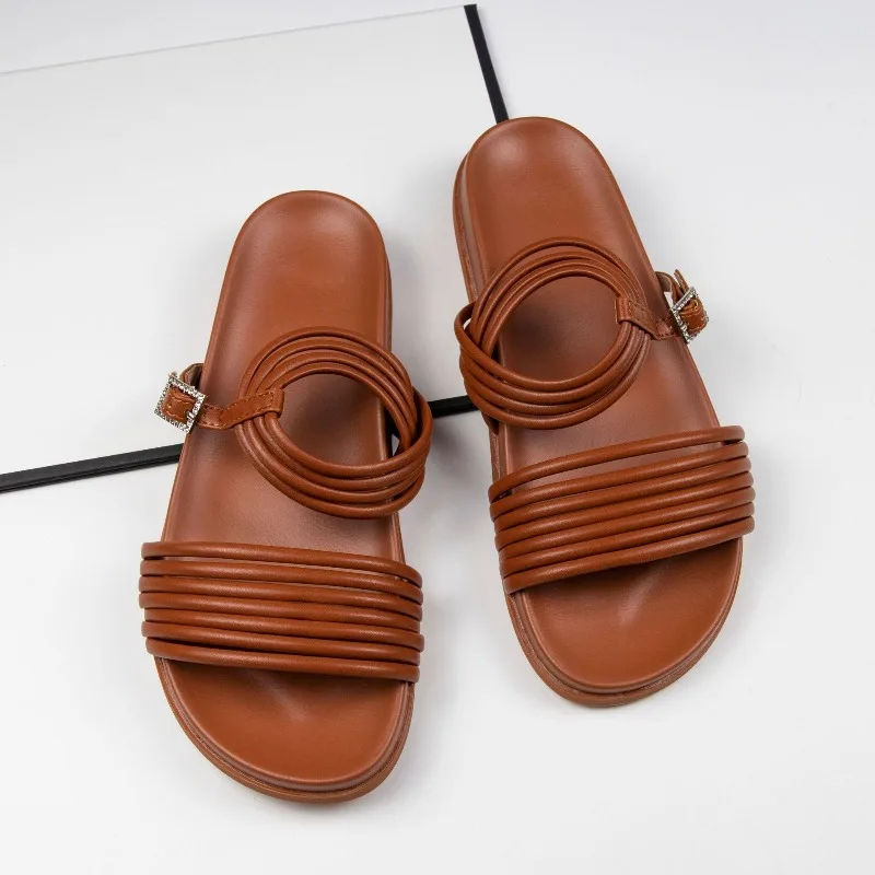 

Sandals Women's Leather Summer Center Strap Full Match with Women's Solid Color Women's Shoes Large Size Low Heel Gladiator