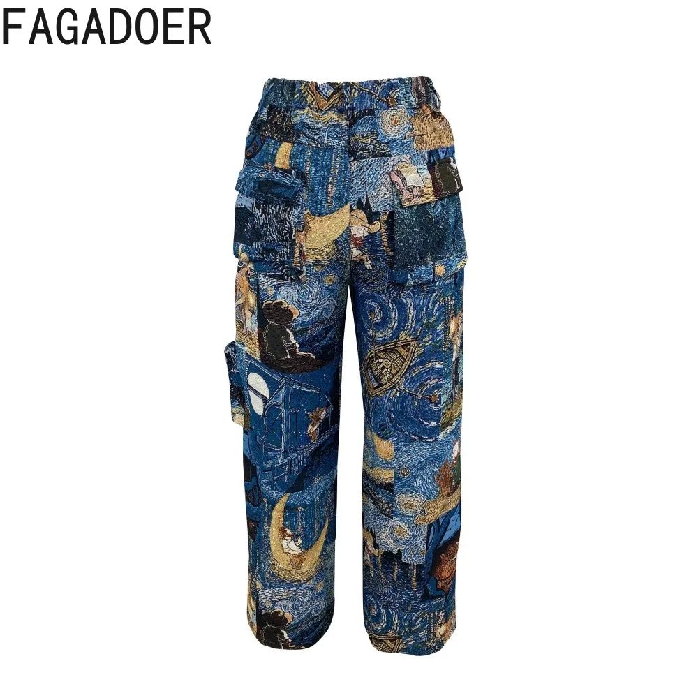FAGADOER Fashion Retro Tie Dye Printing Pocket Cargo Pants Women High Waisted Button Straight Trousers Female Bottoms Streetwear