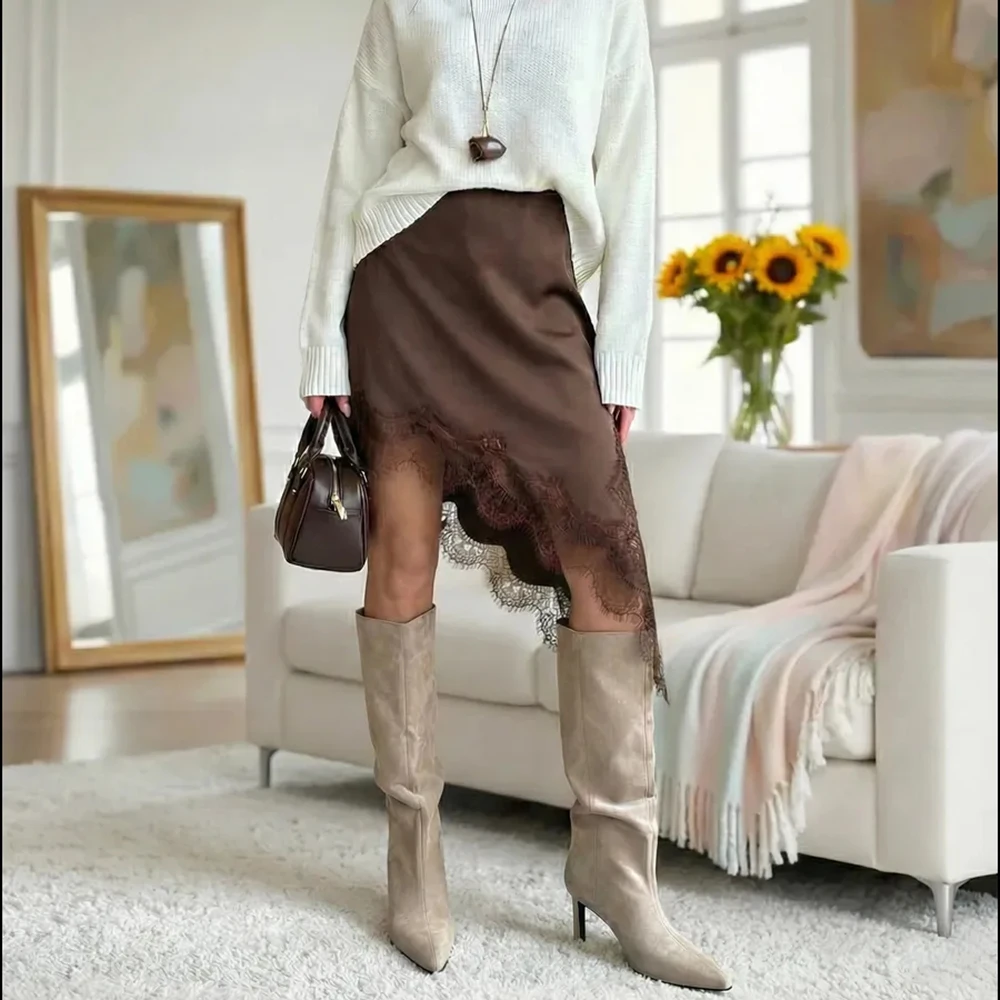 Tuularose Fashion Lace Skirt Women's Elegant Retro Brown Lace Patchwork Irregular Sexy Skirt High Waist Casual Chic Female Skirt