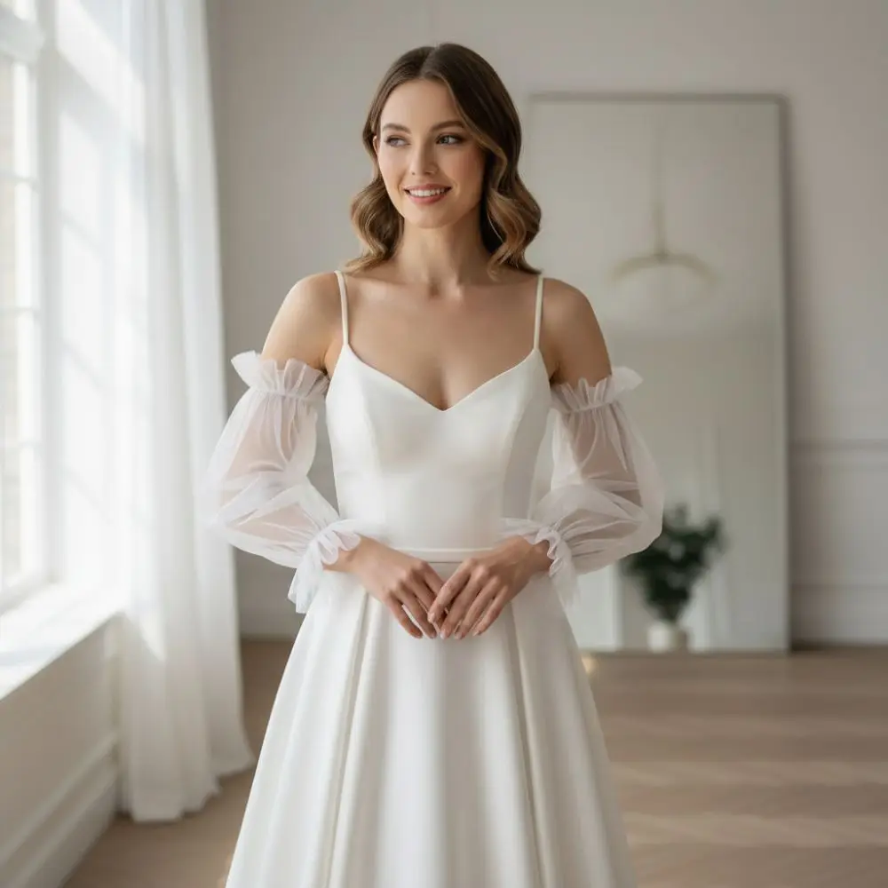 New Fashion Elastic Cuff Bride Wedding Gloves Soft Gauze Wedding Dress Detachable Tulle Solid Color Lantern Gloves Party
