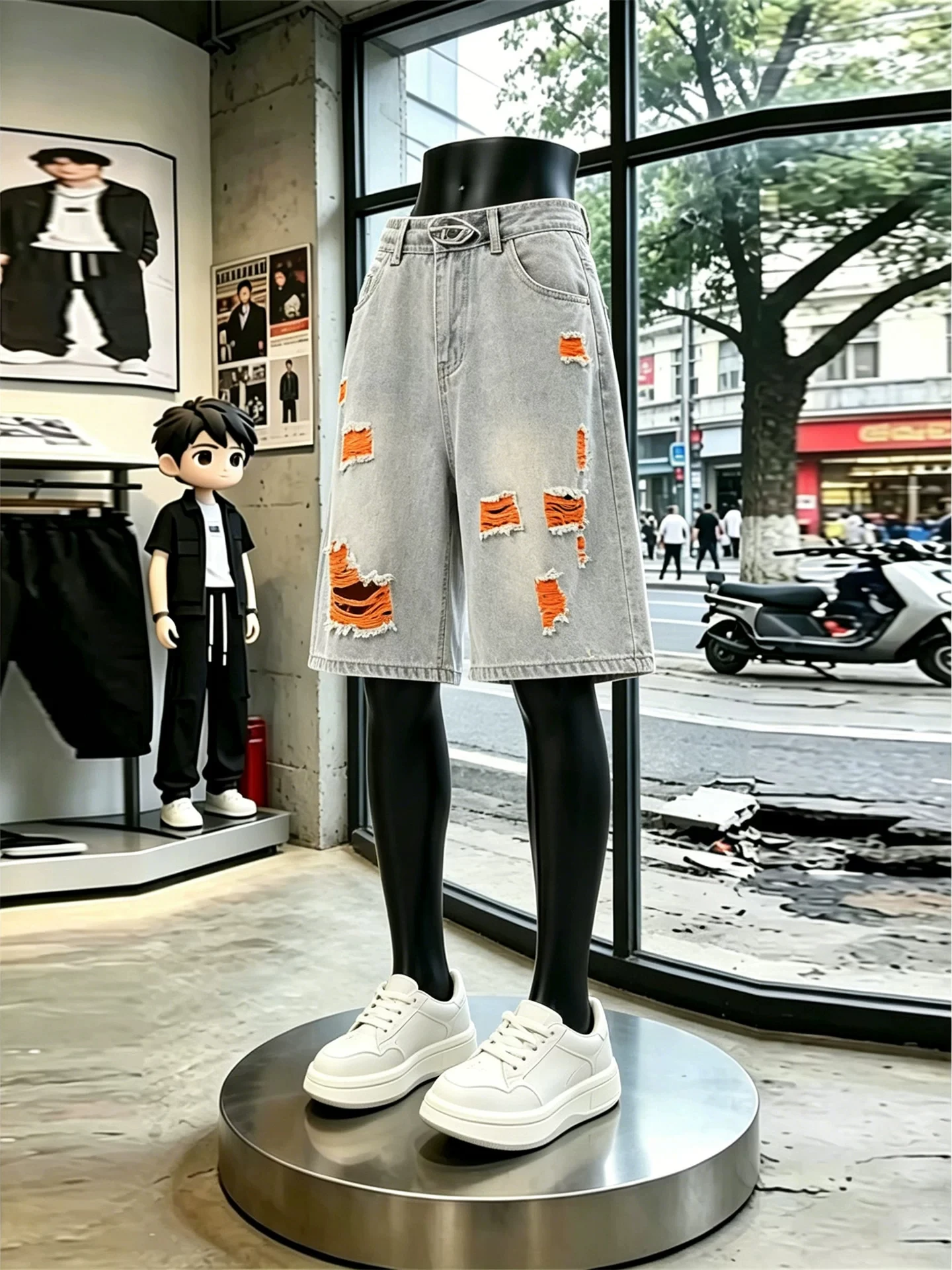 

Cleanfit Color Block Hole Denim Shorts Men Summer Thin American High Street Pauper Five Shorts Straight Leg Pants