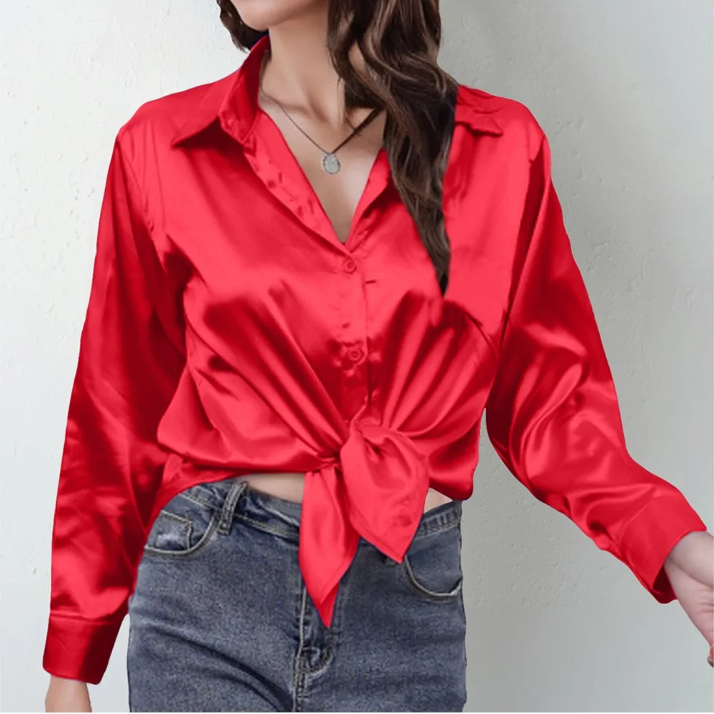 Spring Satin Shirt Women Loose Button Up Red Blouse Shirt Ladies Imitation Silk Long Sleeve Shirt For Women