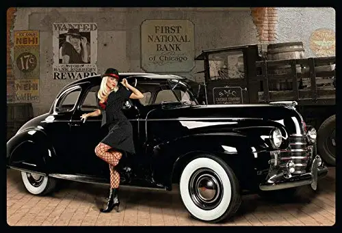 Metal Tin Sign Vintage Chic Art Decoration Gangster Classic Car Pin Up Girl for Home Bar Cafe Farm Store Garage or Club ;